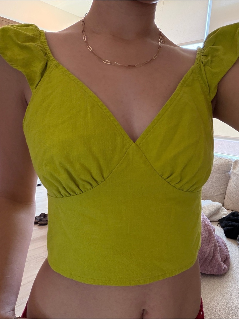 a new day Green V-Neck Ruched Cap Sleeve Crop Top
